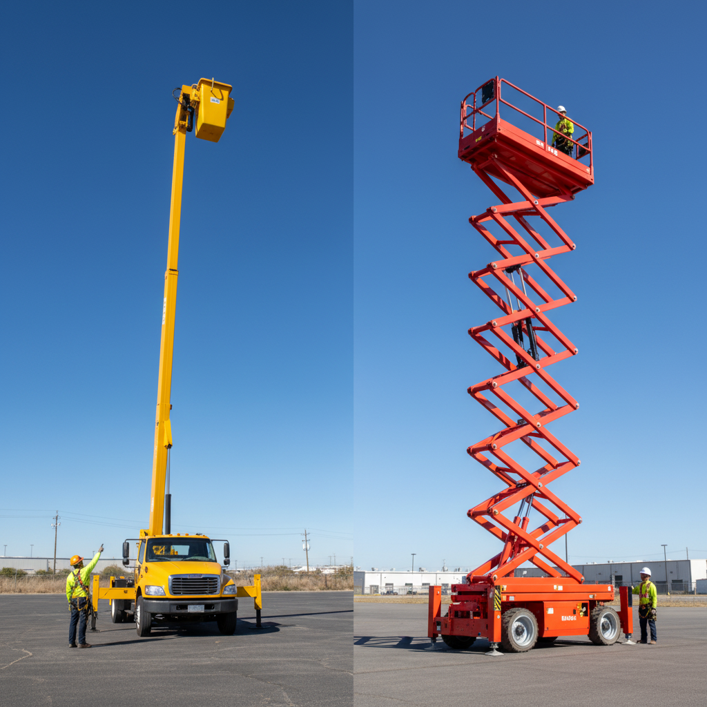 A split image displaying two types of aerial work platforms outdoors on a sunny day. On the left, a bright yellow bucket truck is fully extended with a worker visible near the base. On the right, a red scissor lift is also fully extended, with a worker in the elevated platform and another at the base. The background is a clear blue sky with some distant industrial buildings.