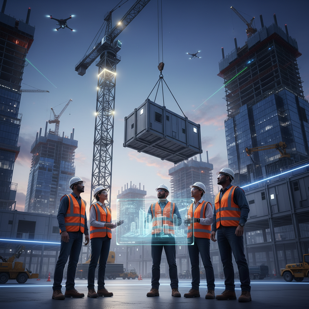 A group of diverse construction workers in hard hats and safety vests stand in a futuristic work zone at dusk. A glowing holographic interface floats before them, displaying building plans and data. In the background, cranes are lifting modular units, and drones fly overhead, all illuminated with blue light trails, emphasizing advanced technology and safety in construction.