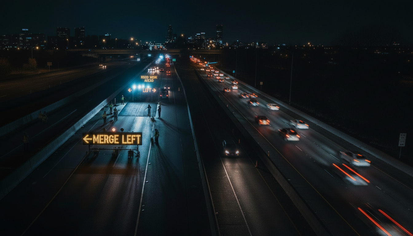 A night-time highway scene where a "MERGE LEFT" LED arrow board directs traffic. In the background, other LED signs flash "ROAD WORK AHEAD" and arrows. Construction workers are visible near the signs on the illuminated road, with city lights in the distance.