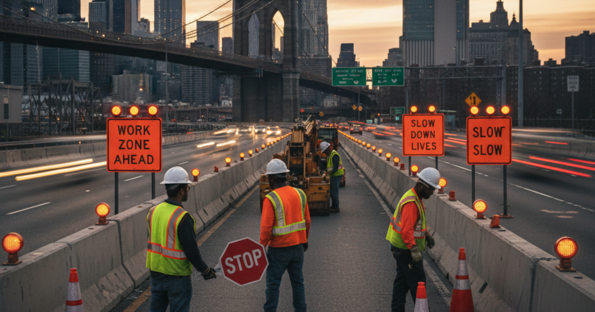 A work zone showing safety slogans.