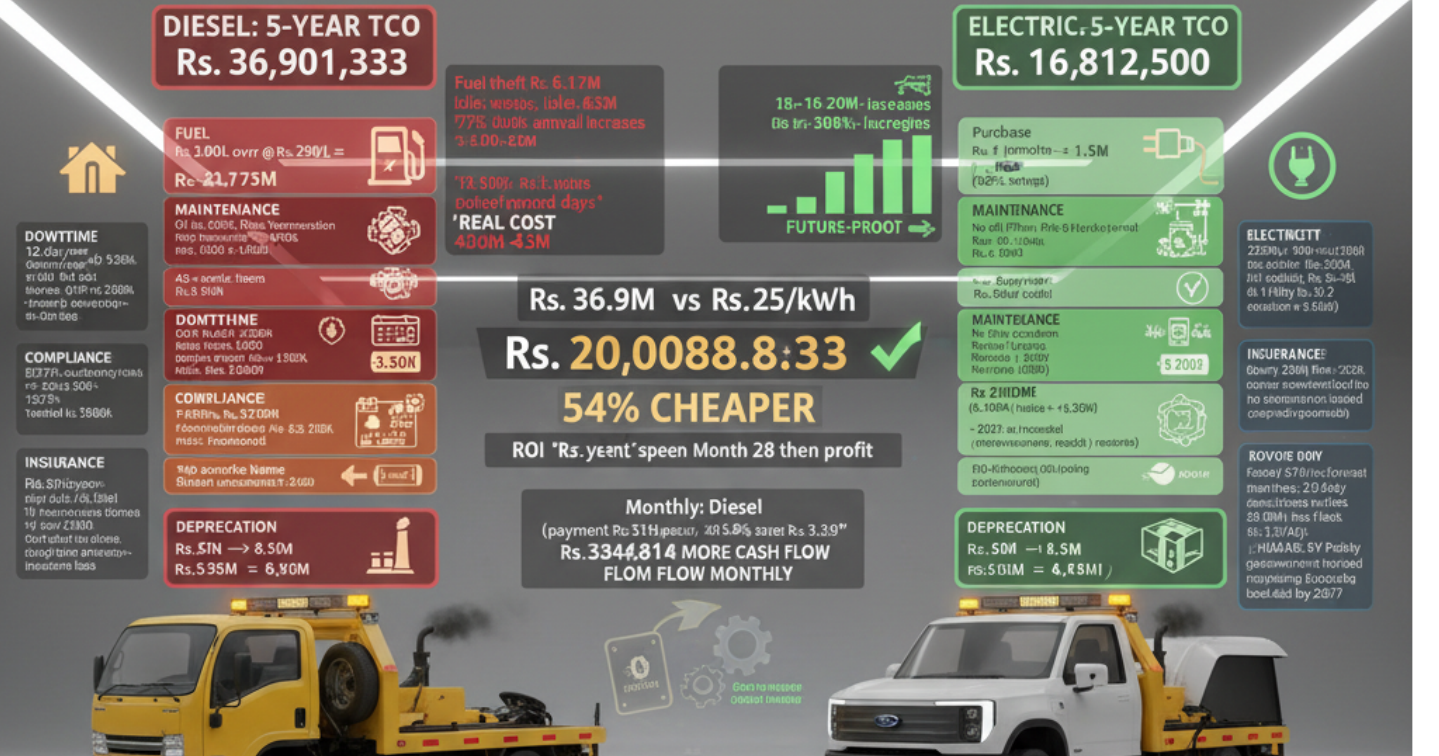 A blog banner image showing Electric vs. Diesel TMA Truck comparison